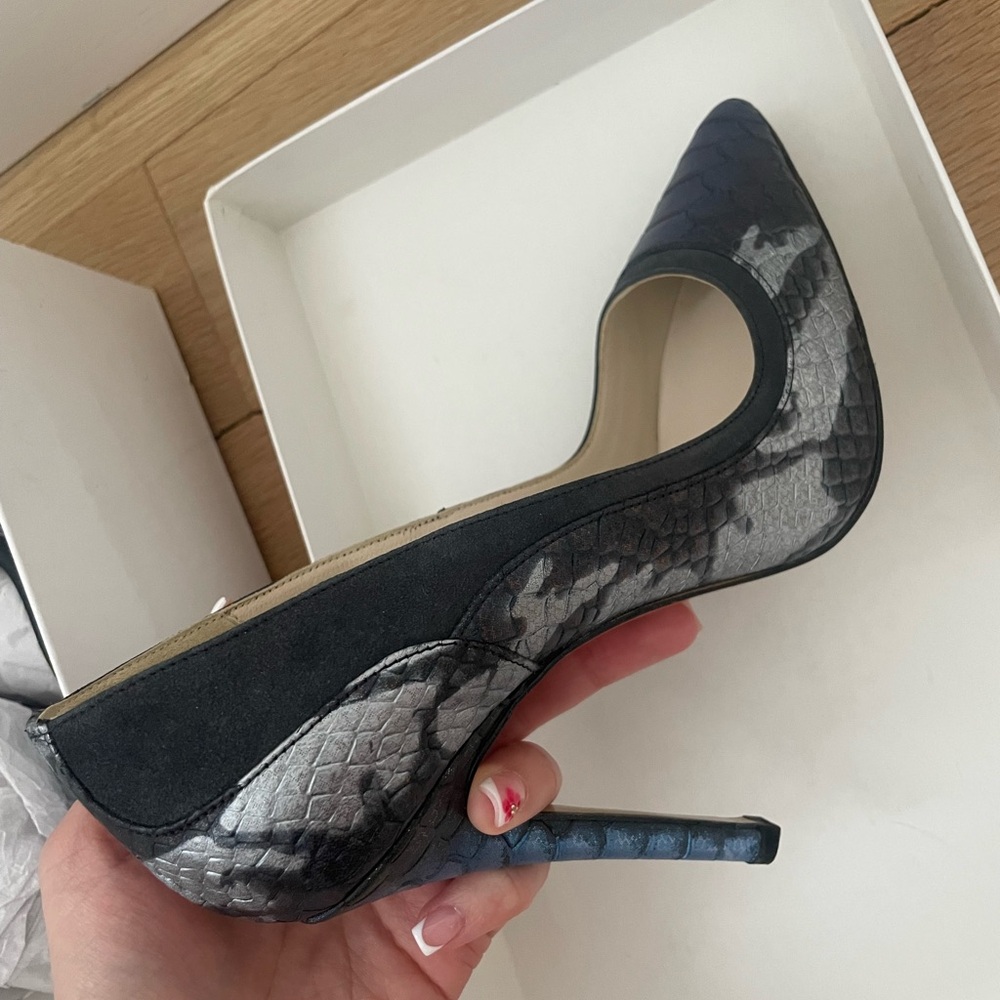Celine Black and Gray Snake-Embossed Pointed Toe Stilettos
